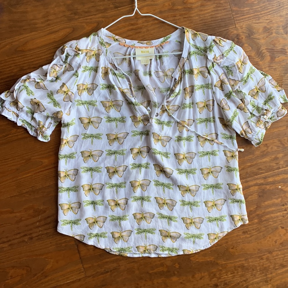 Anthropologie Butterfly Dragonfly Ruffle Sleeve Top